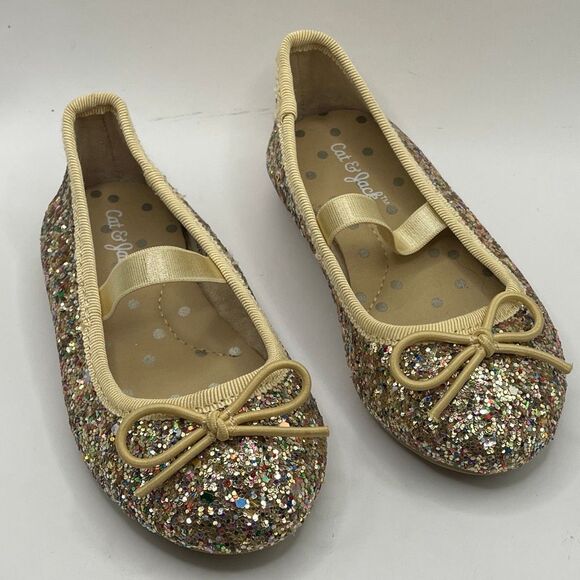 Cat & Jack Girls Size 5 Glitter Ballet Flats Gold Bow Sparkly Slip-On Dress Shoe - Picture 5 of 10